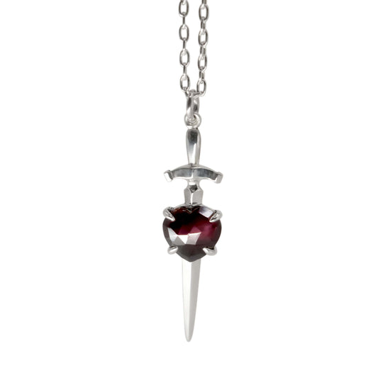Heart and Sword Necklace with Garnet - Sterling Silver
