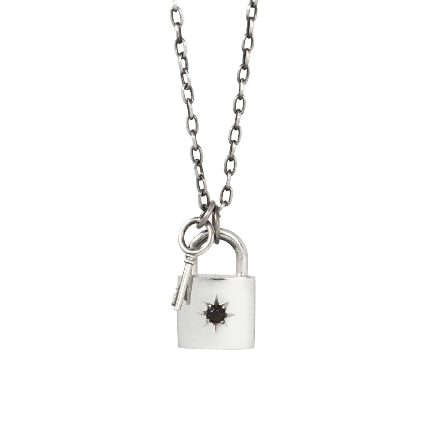 Padlock and Key Necklace with Garnet/Black Diamond - Sterling Silver - Futaba Hayashi