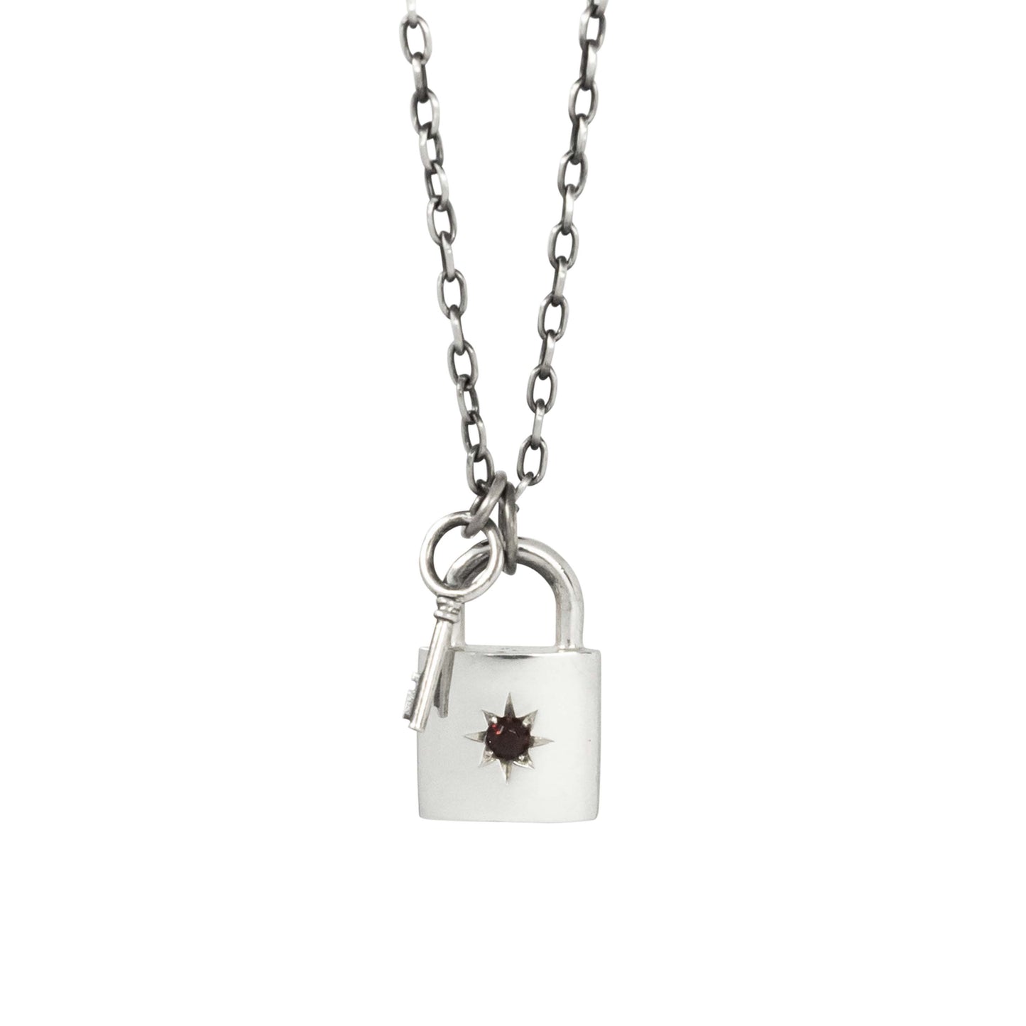 Padlock and Key Necklace with Garnet/Black Diamond - Sterling Silver - Futaba Hayashi