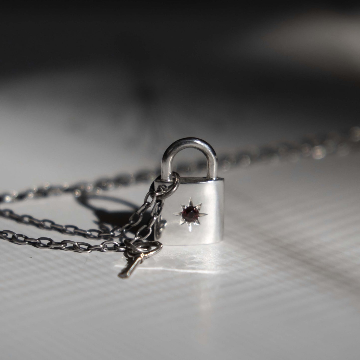 Padlock and Key Necklace with Garnet/Black Diamond - Sterling Silver - Futaba Hayashi