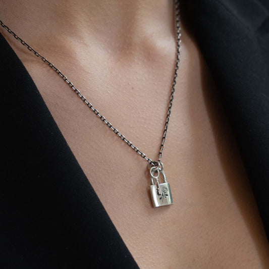 Padlock and Key Necklace with Garnet/Black Diamond - Sterling Silver - Futaba Hayashi