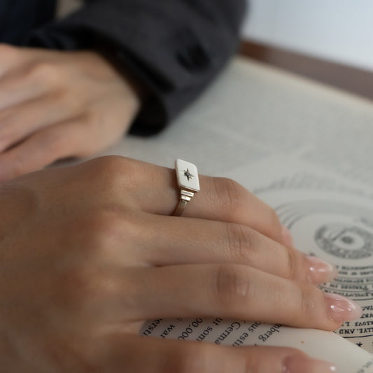 Keepsake Rectangle North Star Signet Ring - Sterling Silver