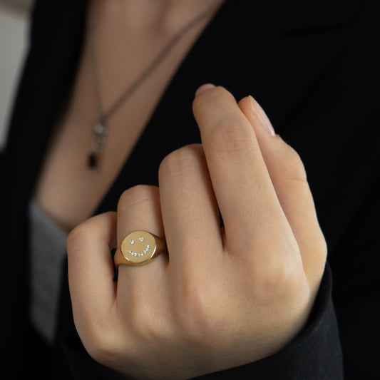 Sad Face Signet Ring - 14K Yellow Gold - Futaba Hayashi