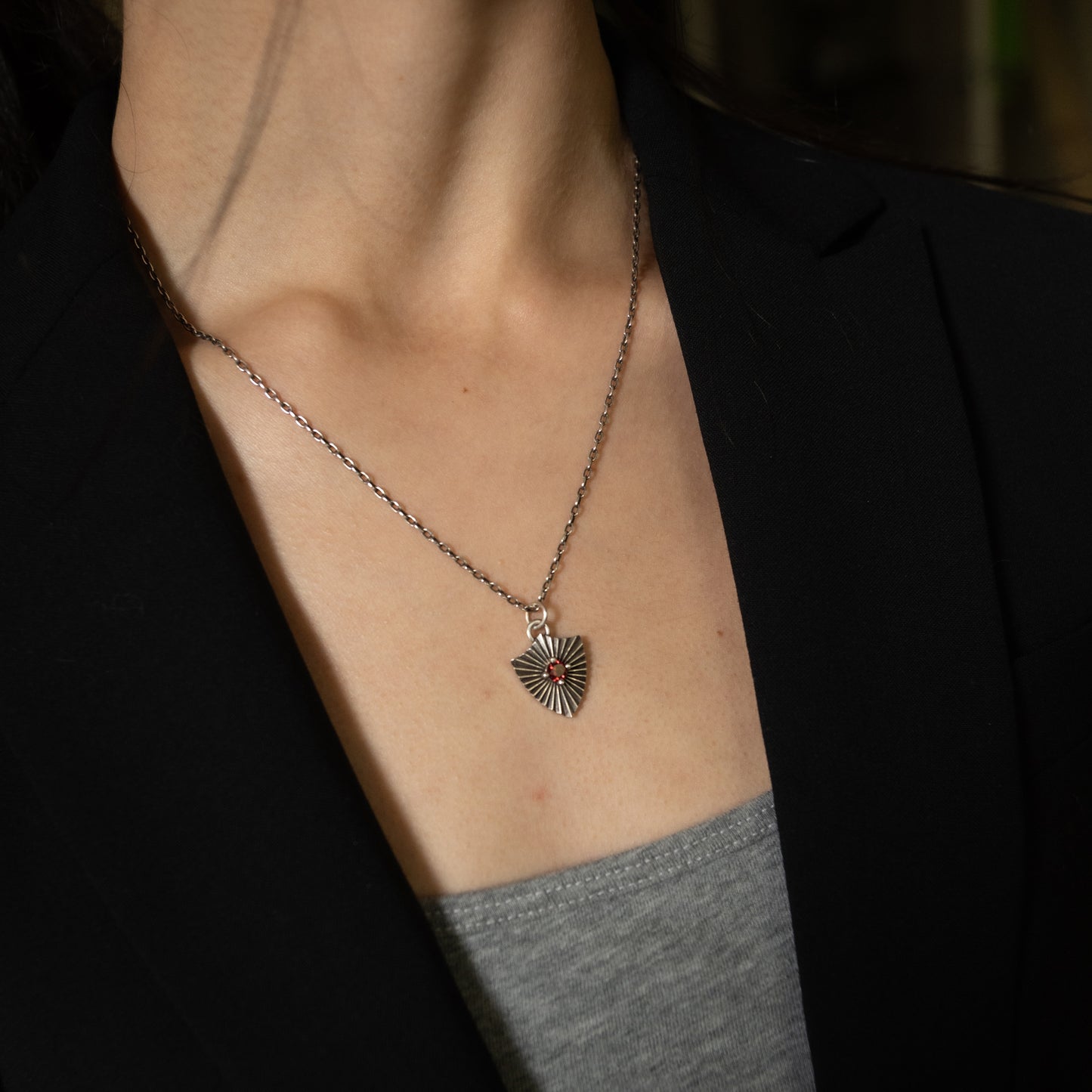 Shield Necklace with Garnet (Large)  - Sterling Silver
