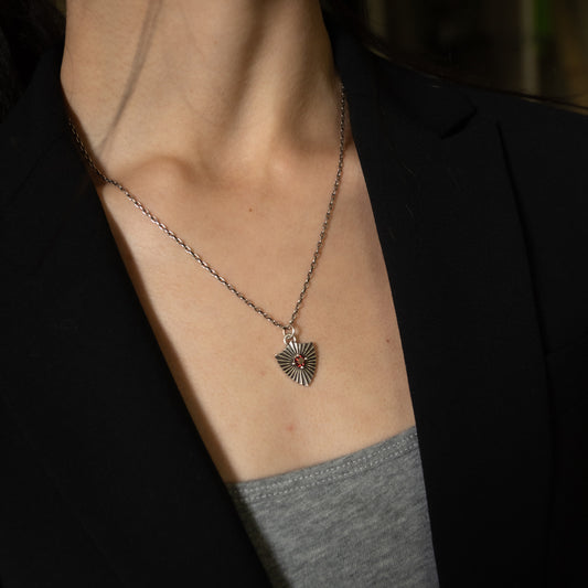 Shield Necklace with Garnet (Large)  - Sterling Silver