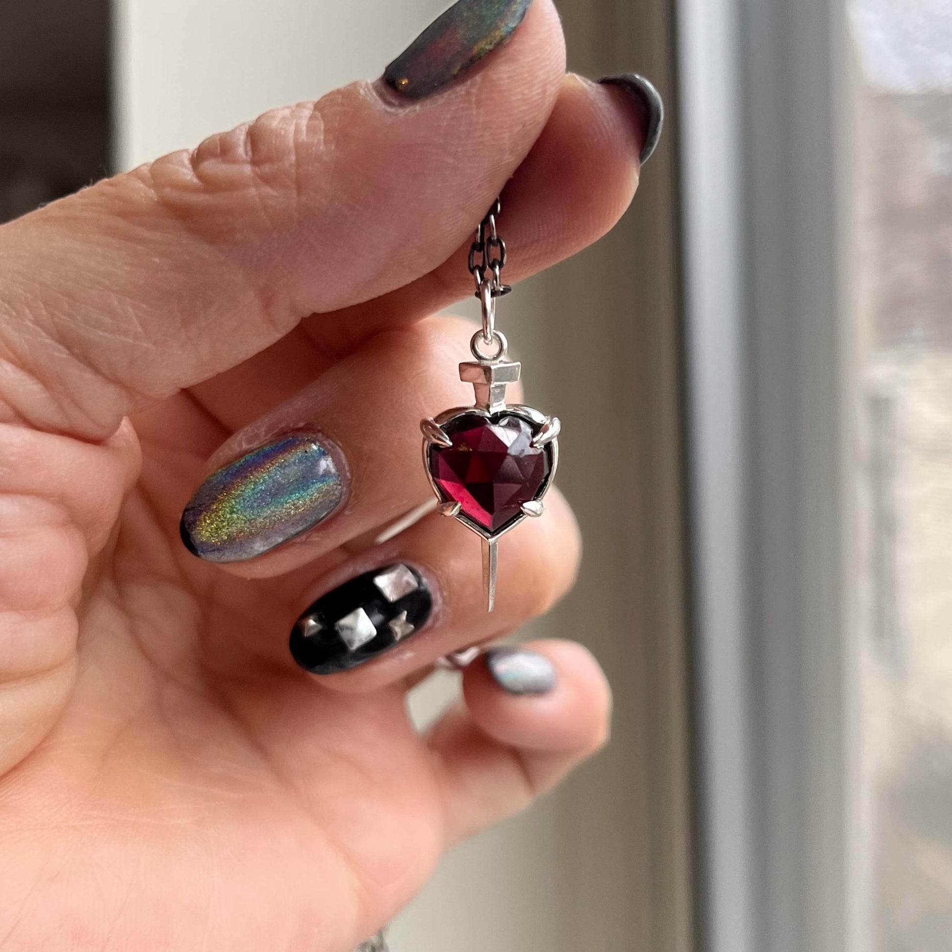 Nail Through The Heart Necklace with Garnet  - Sterling Silver - Futaba Hayashi