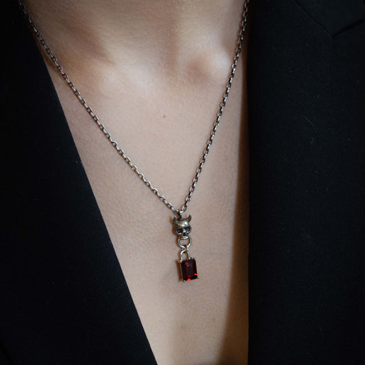 Skull Door Knocker & Garnet Lock Necklace - Sterling Silver - Futaba Hayashi