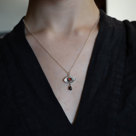 Vision Teardrop Necklace with Garnet and Onyx - Sterling Silver