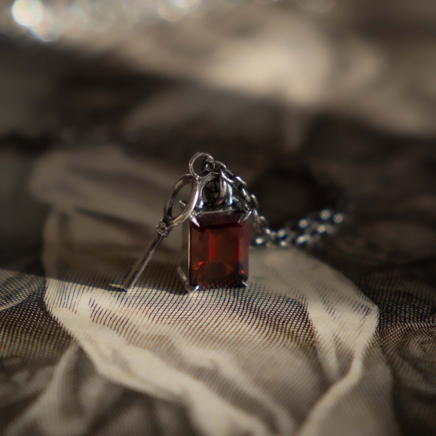 Garnet Lock & Key Necklace - Sterling Silver - Futaba Hayashi