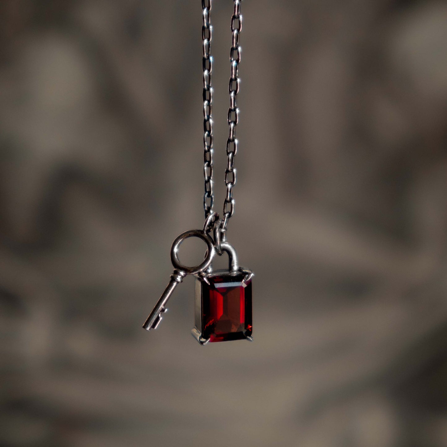 Garnet Lock & Key Necklace - Sterling Silver - Futaba Hayashi