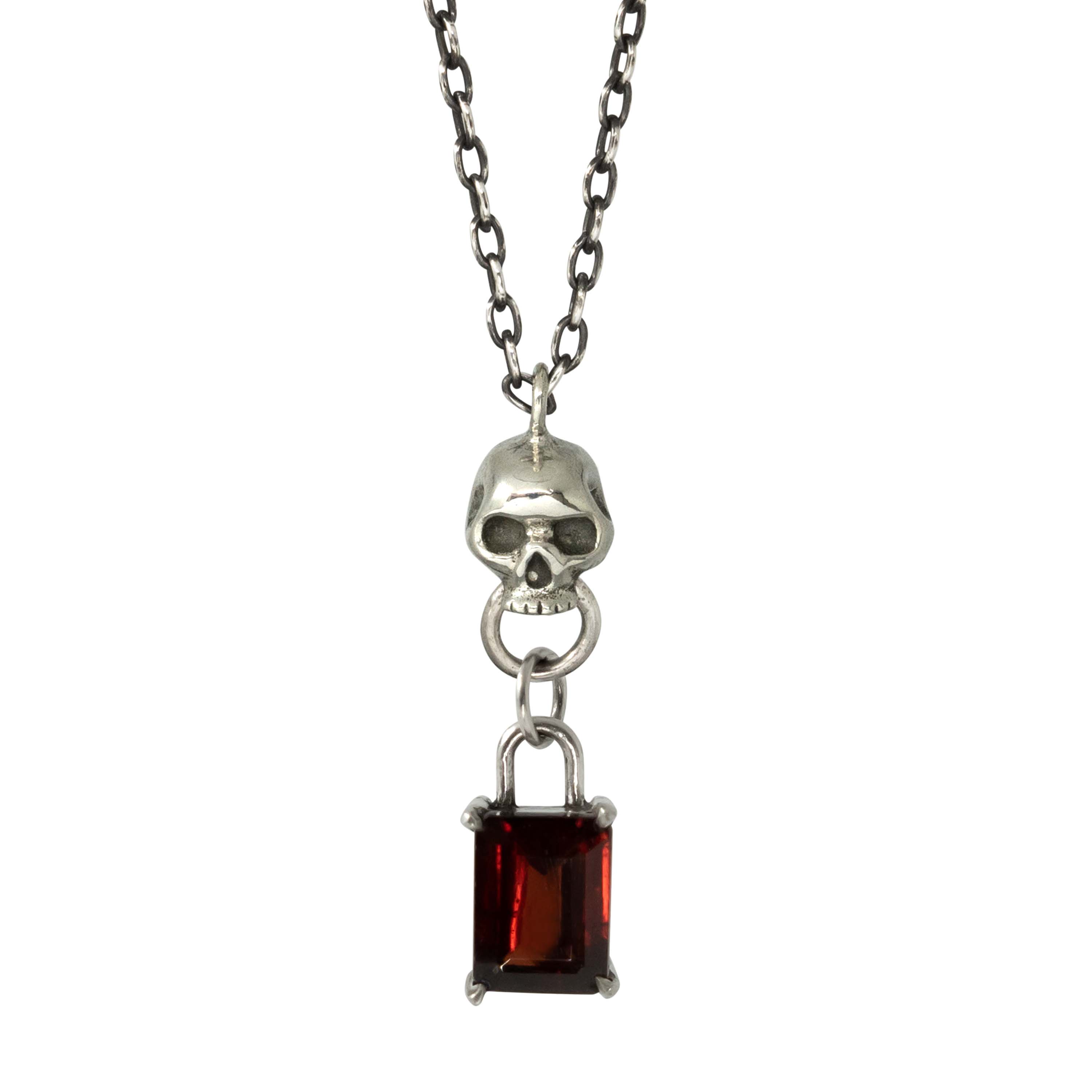 Skull Door Knocker & Garnet Lock Necklace - Sterling Silver