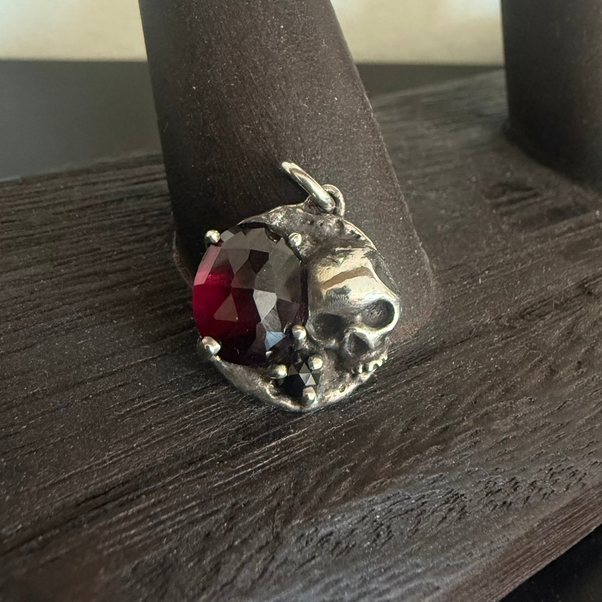 Skull Coin Pendant with Garnet and Black Diamond - Sterling Silver
