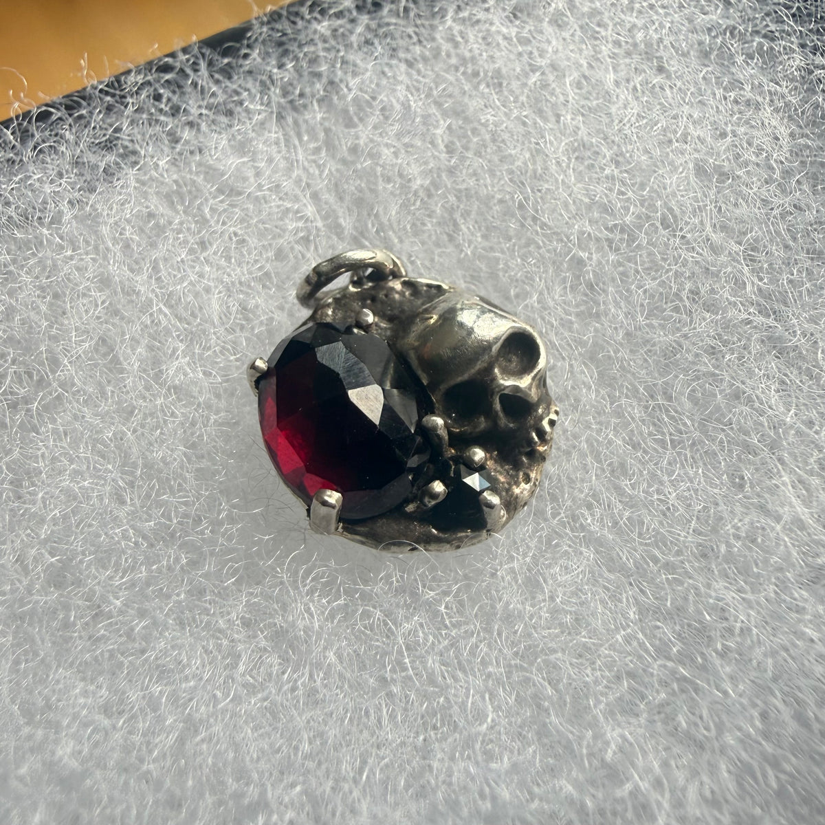 Skull Coin Pendant with Garnet and Black Diamond - Sterling Silver