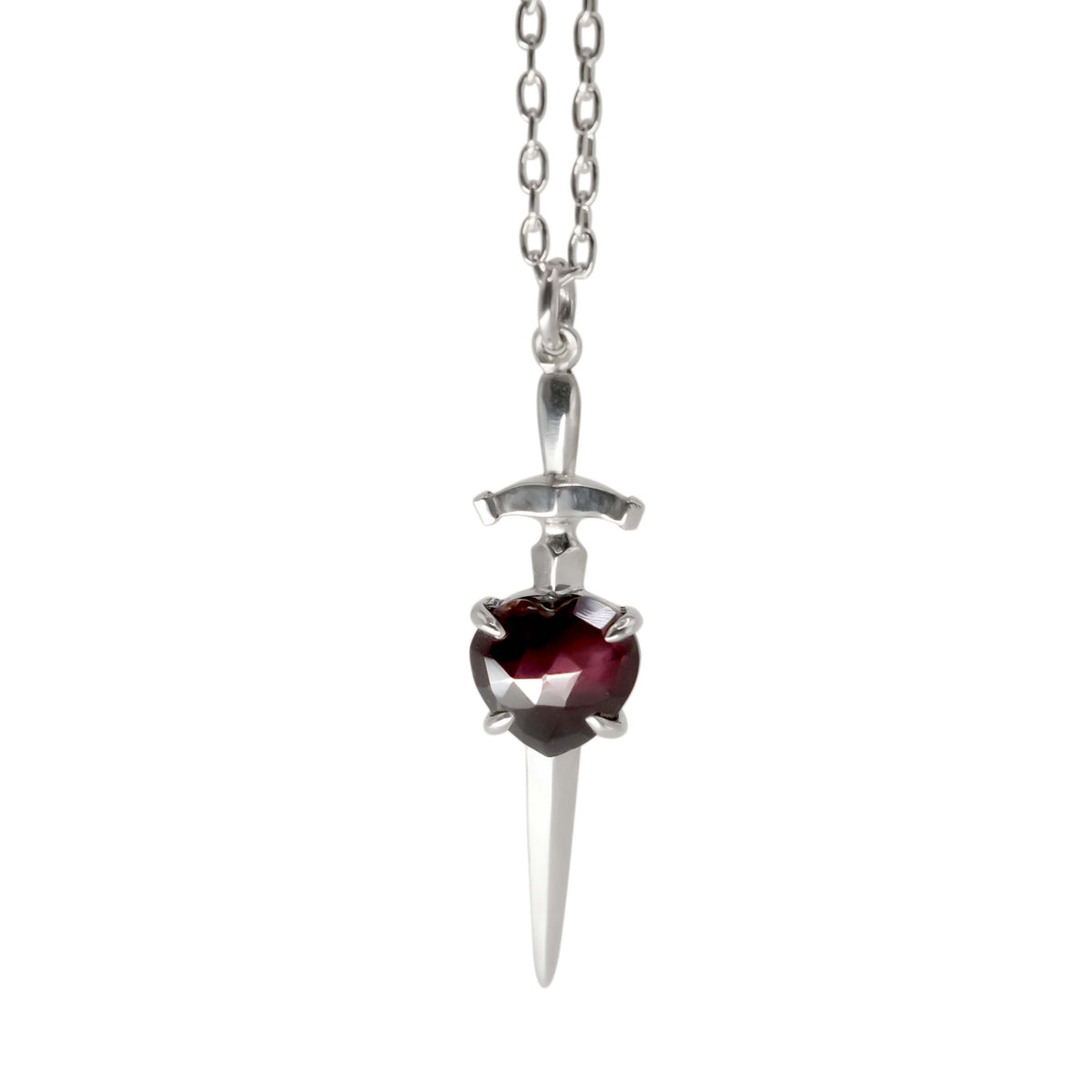 Heart and Sword Necklace with Garnet  - Sterling Silver