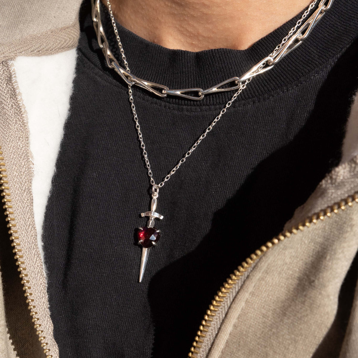 Heart and Sword Necklace with Garnet  - Sterling Silver