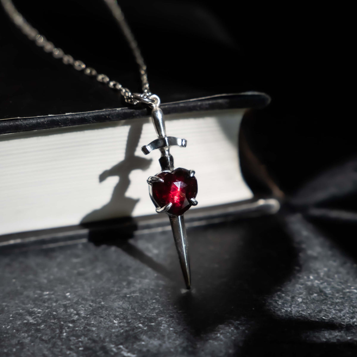 Heart and Sword Necklace with Garnet  - Sterling Silver