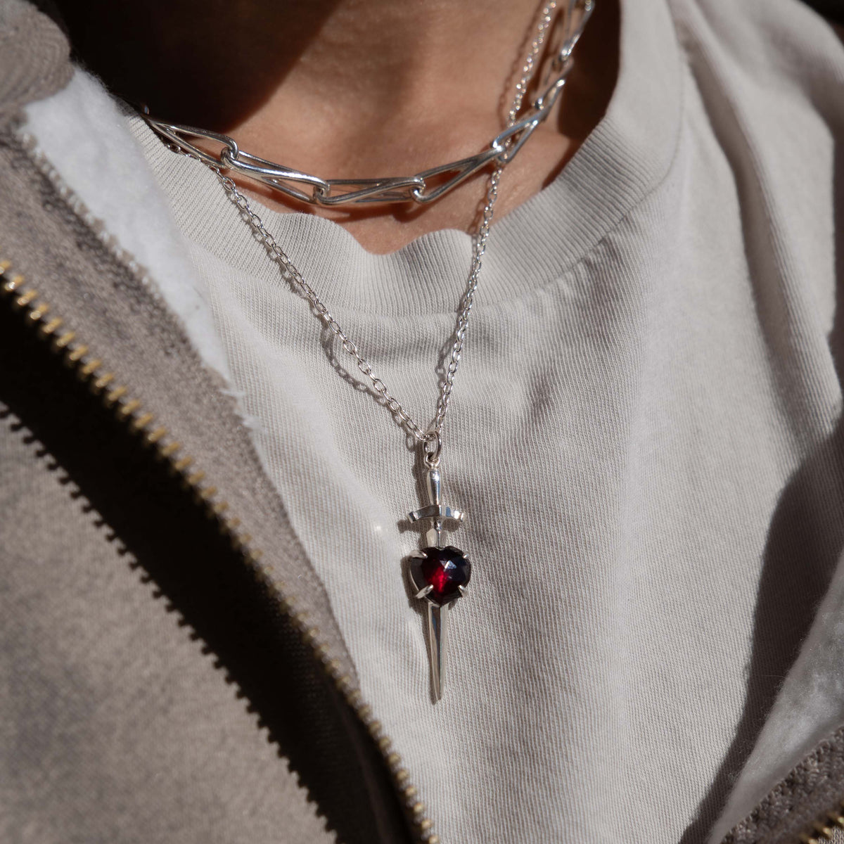 Heart and Sword Necklace with Garnet  - Sterling Silver