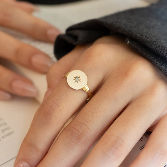 Keepsake Round North Star Signet Ring  - 14k yellow gold