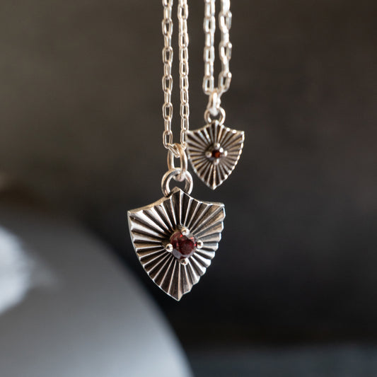 Shield Necklace with Garnet (Large)  - Sterling Silver