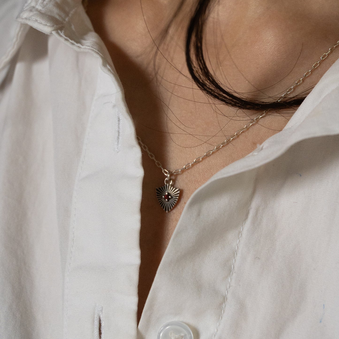 Shield Necklace with Garnet (Small)  - Sterling Silver