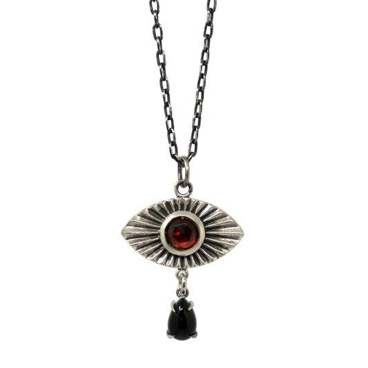 Vision Teardrop Necklace with Garnet and Onyx  - Sterling Silver