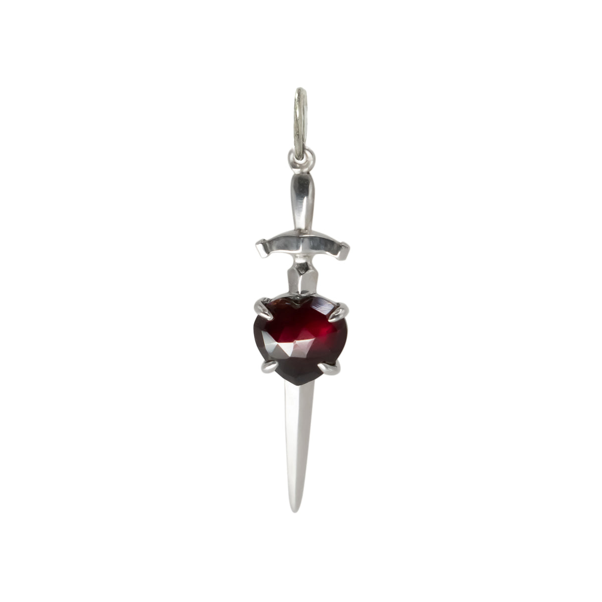 Heart and Sword Necklace with Garnet  - Sterling Silver