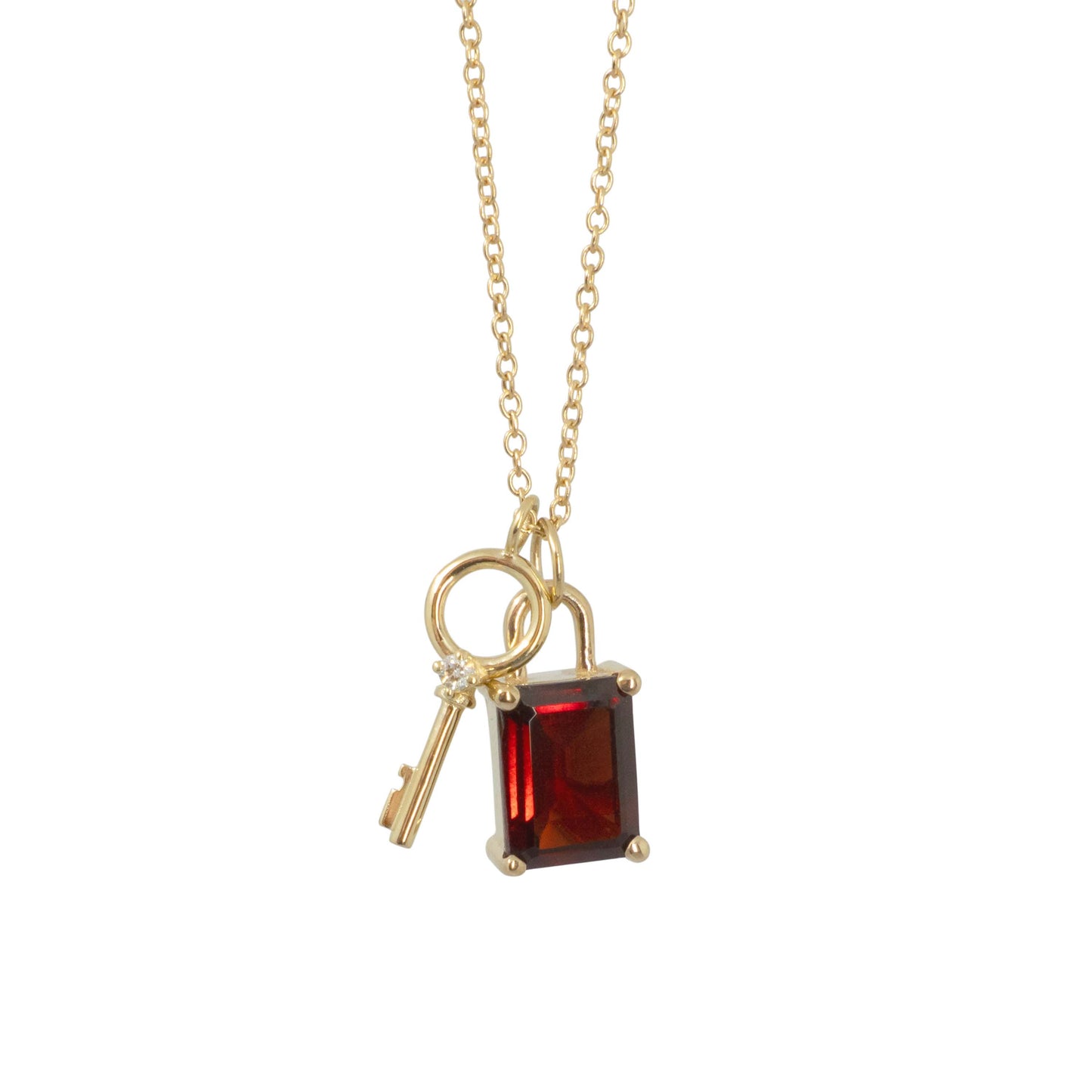 Garnet Padlock & Diamond Key Necklace - 14K Yellow Gold - Futaba Hayashi